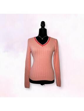 Preppy Orange V-Neck Cable Knit Long Sleeve Top Size Medium Dark Academia Preppy